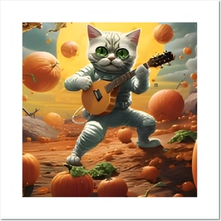 Cat Playing Banjo On Pumpkin Planet Posters and Art